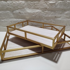 bandeja rectangular madera metal dorado grande 40x29x5