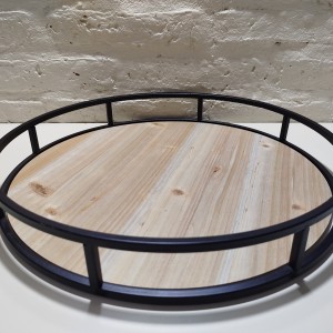 bandeja redonda madera metal negro 40x5